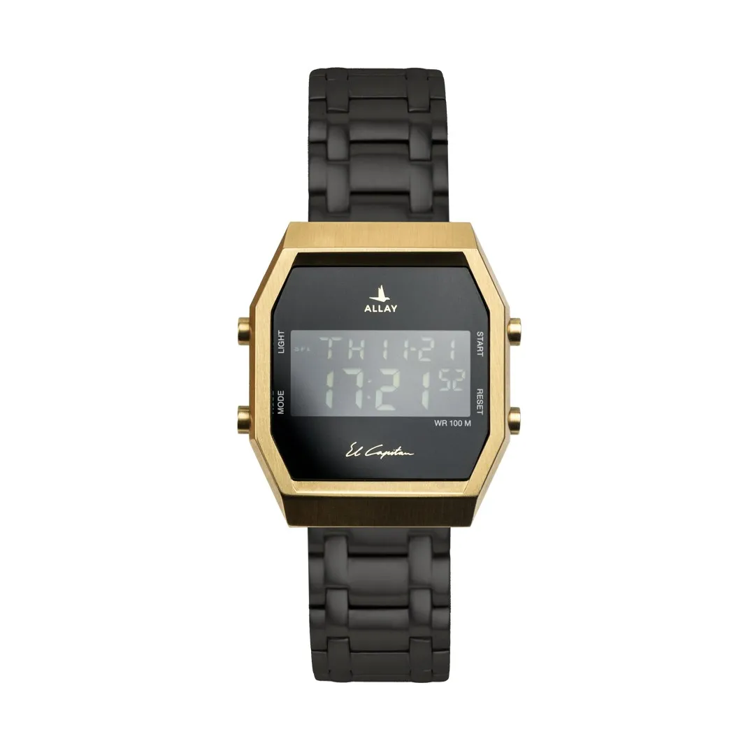 El Capitan mit goldfarbenem Gehäuse und schwarzem Gliederarmband