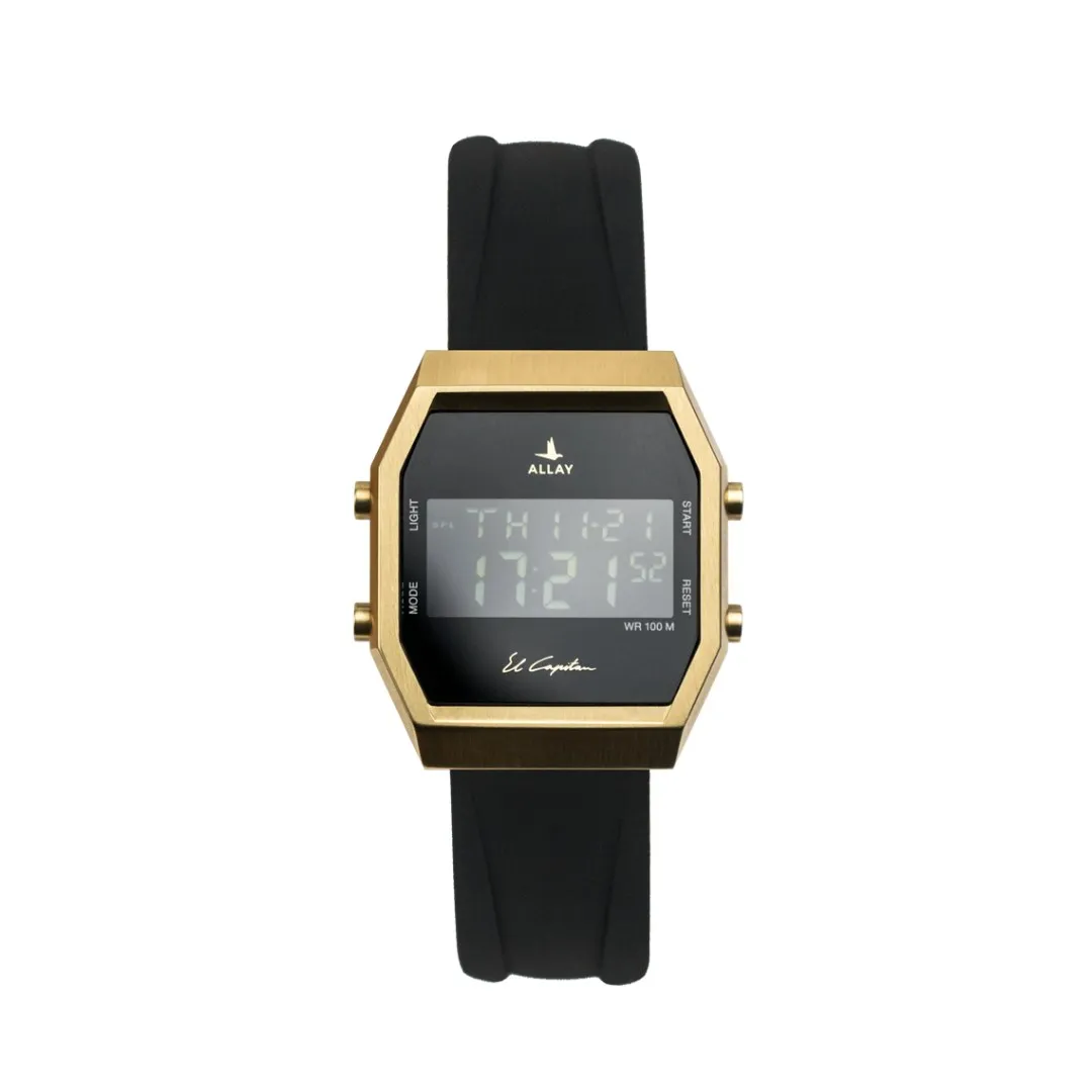 ALLAY El Capitan: eckige Digitaluhr mit goldfarbenem Gehäuse und schwarzem Armband