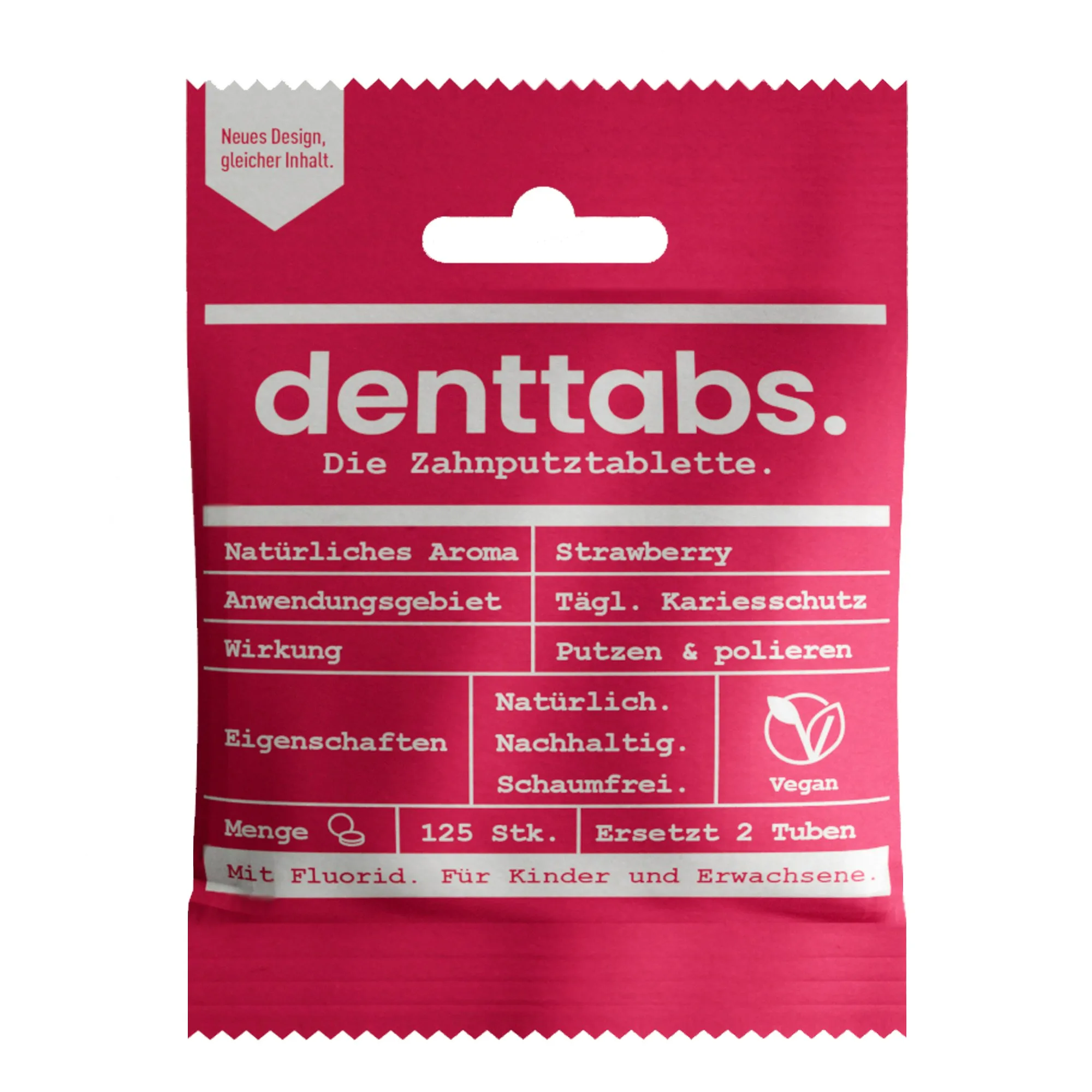 Roter Denttabs-Nachfüllbeutel, Zahnputztabletten Strawberry