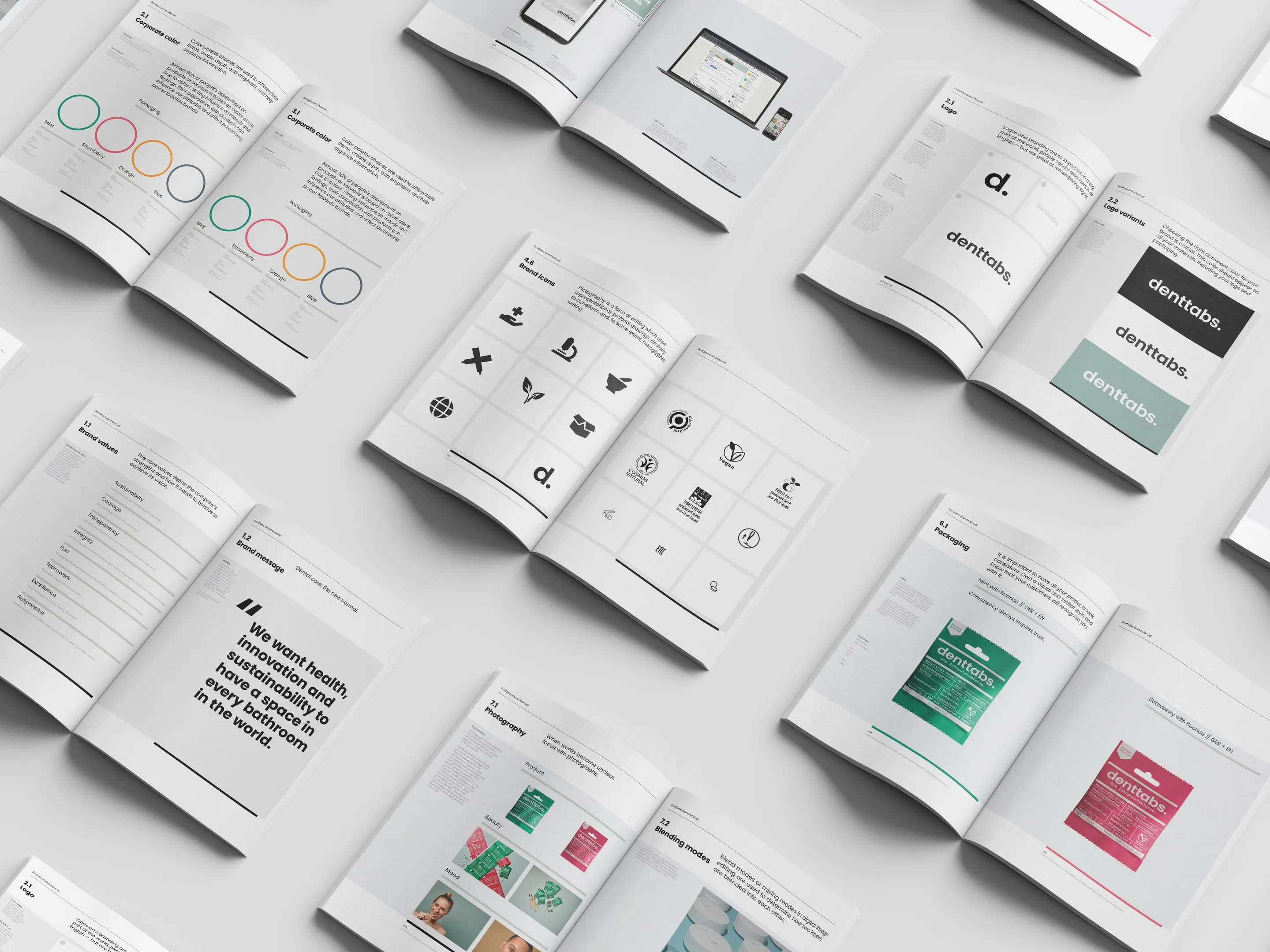 Denttabs-Markenhandbuch, aufgeschlagene Doppelseiten mit Farben, Icons, Logo und Verpackung