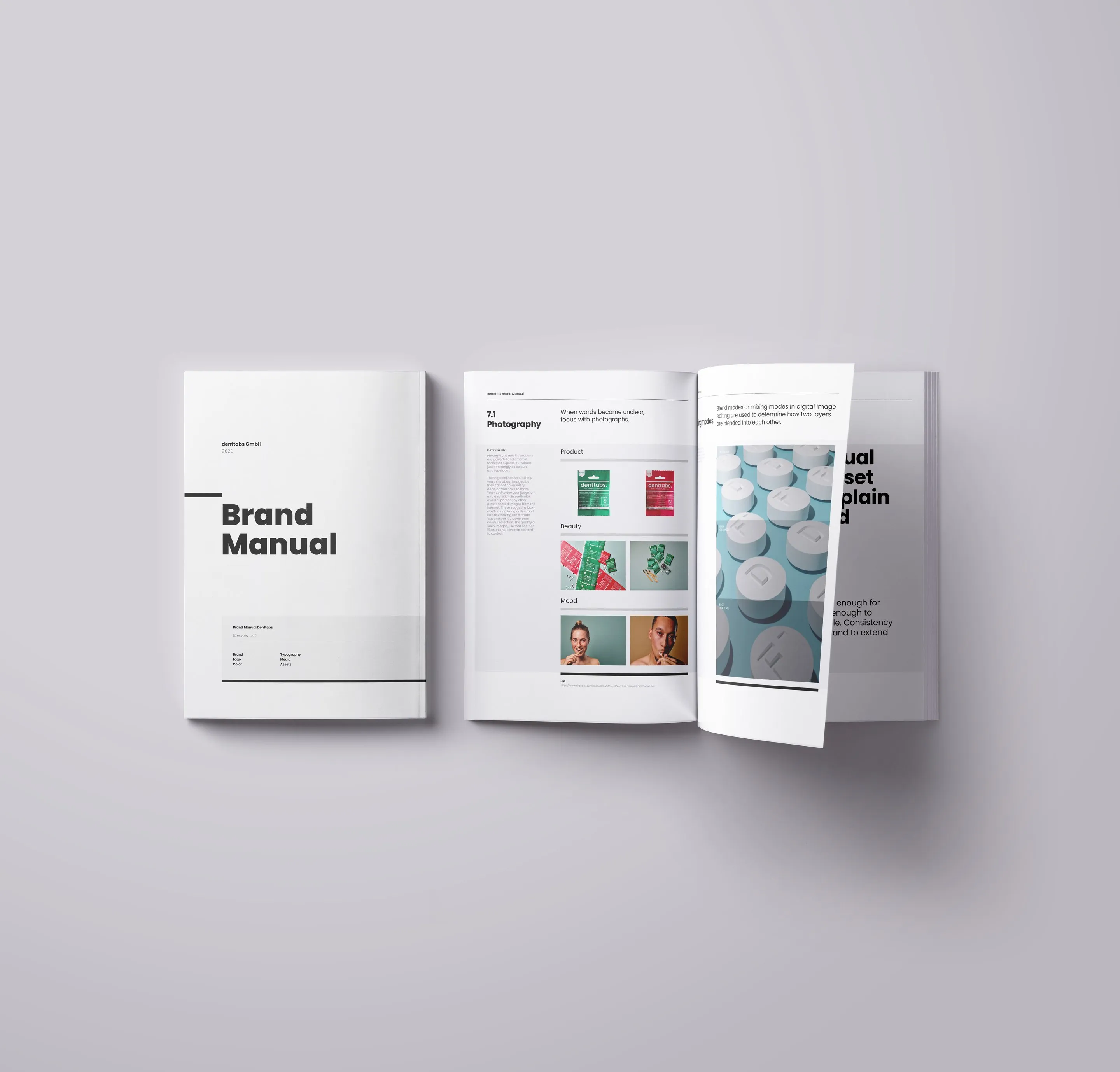 Denttabs-Markenhandbuch, Titel und aufgeschlagene Seite zur Fotografie