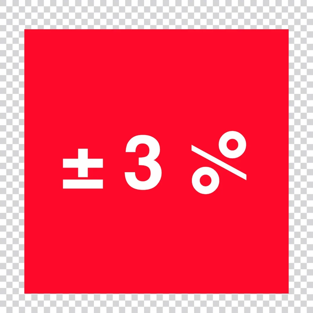 Kachel: rotes Quadrat mit „± 3 %“ in weißer Helvetica