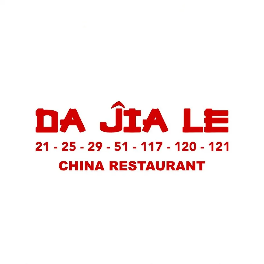 Rotes Schild eines China-Restaurants mit dem Namen „Da Jia Le“ und einer Reihe von Nummern